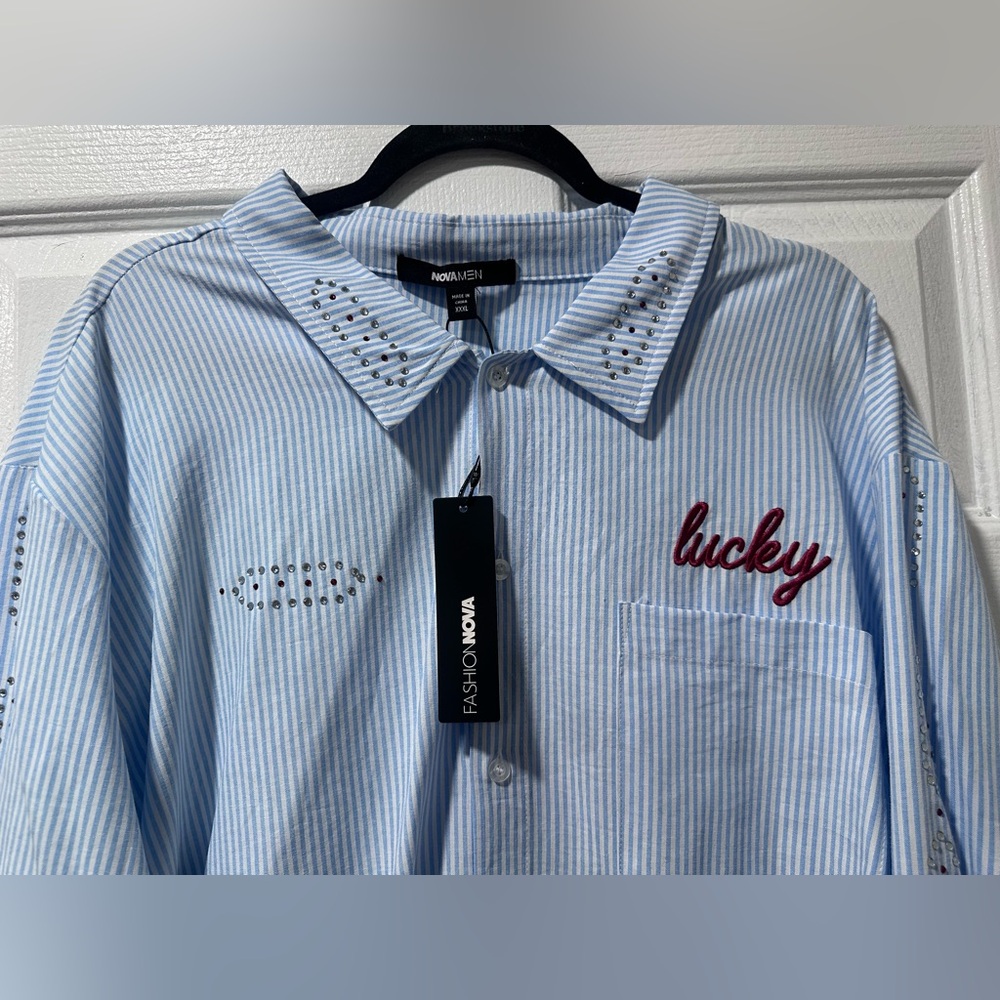 Fashion Nova Men’s Light Blue Striped Shirt with 'Lucky' Embroidery